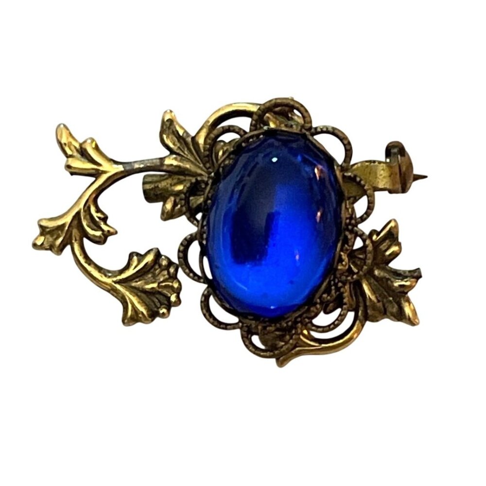 Vintage Gold-Tone Brooch with Blue Glass Cabochon & Ornate Leaf Design Women’s